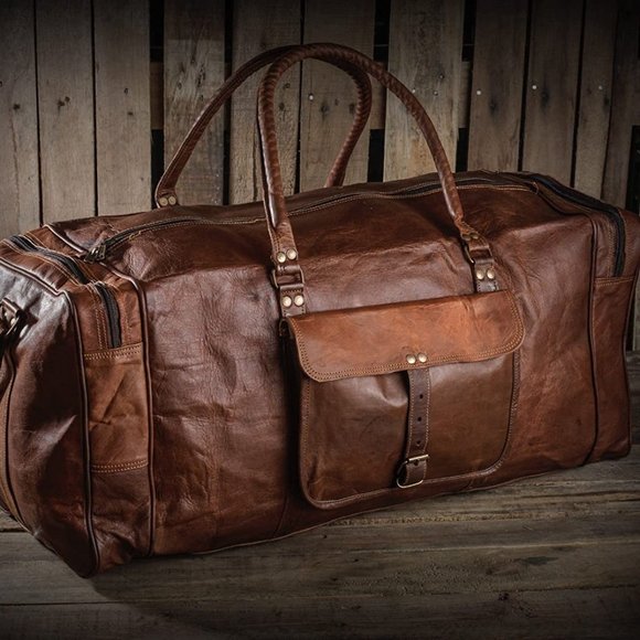 NEW Men's Vintage Brown Leather Goat Duffle Bag - Picture 1 of 7